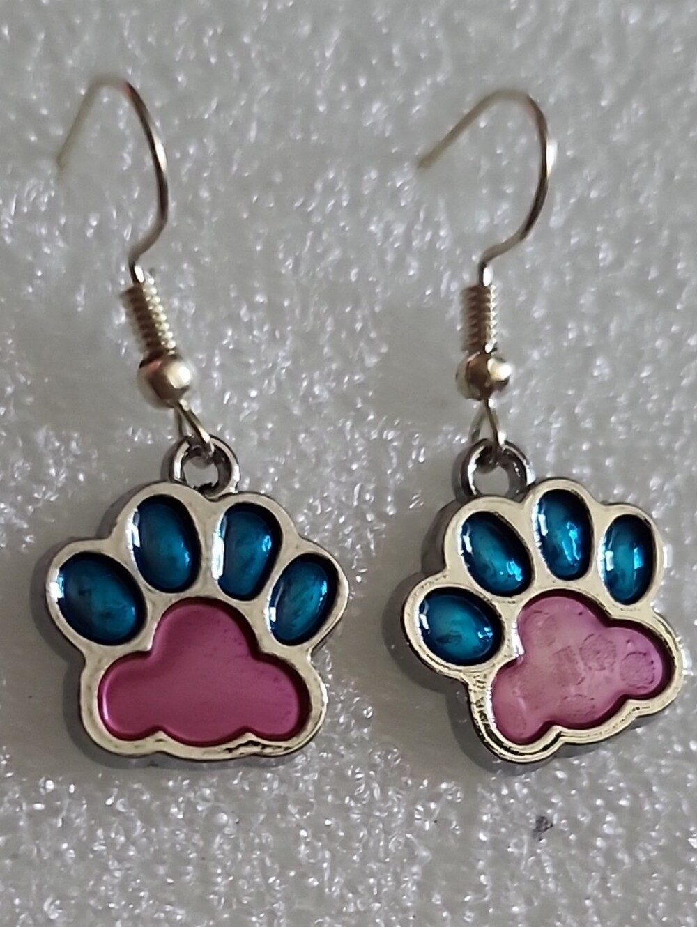 Hand Crafted Pink and Blue Paw Print Dangle Earrings
